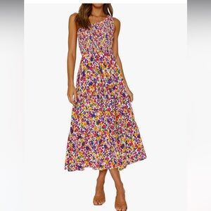 Zesica (Amazon) Bohemian Floral One Shoulder Smocked Ruffle Tiered Midi Dress
